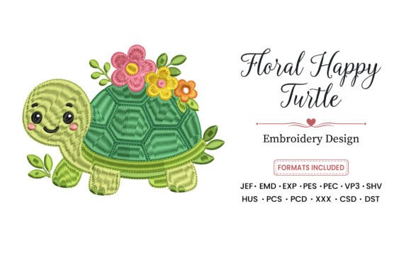 Floral Happy Turtle Embroidery Design
