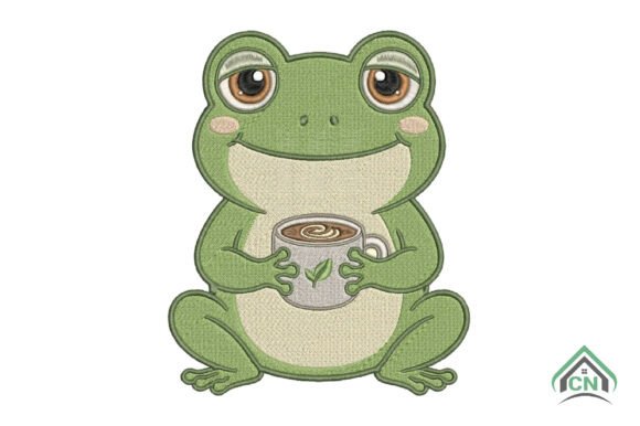 Frog with Coffee Cute Embroidery Design
